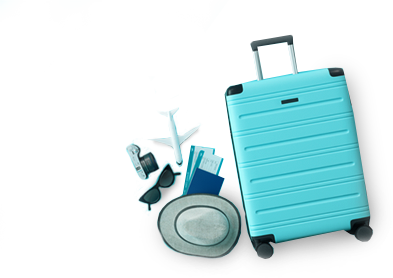 a light blue rolling suitcase next to a hat, sunglasses, airline tickets, and more